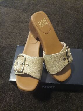 Madden NYC Tan Slide Mules with Gold Buckle Sz 8,9
